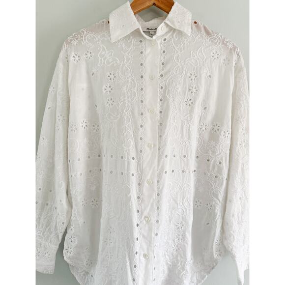 Madewell | NWT Embroidered Oversized Button-Up Shirt in White | Sz S - Picture 4 of 11